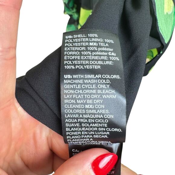 White House Black Market Green Tropical Leaf Print Black Chiffon Ruffle Dress - Picture 10 of 10